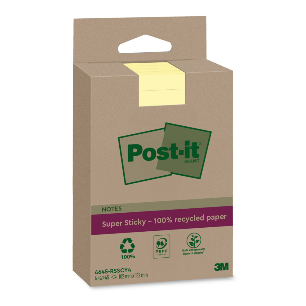 Post-it Bloc de notes Super Sticky Recycles Lignes 102 x 152 mm Jaune - Lot de 4 blocs de 45 Feuilles