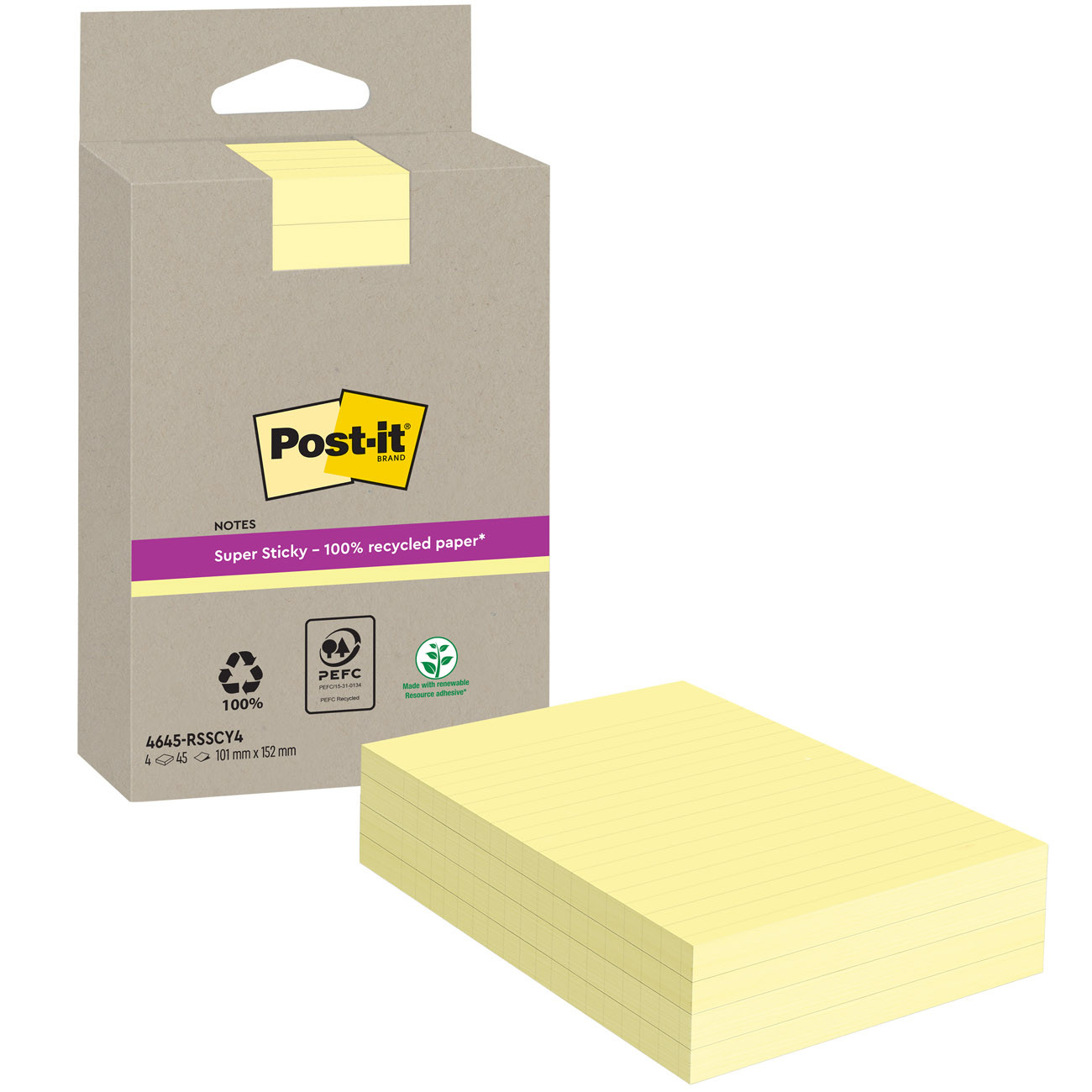 Post-it Bloc de notes Super Sticky Recyclées Lignées 102 x 152 mm Jaune - Lot de 4 blocs de 45 Feuilles