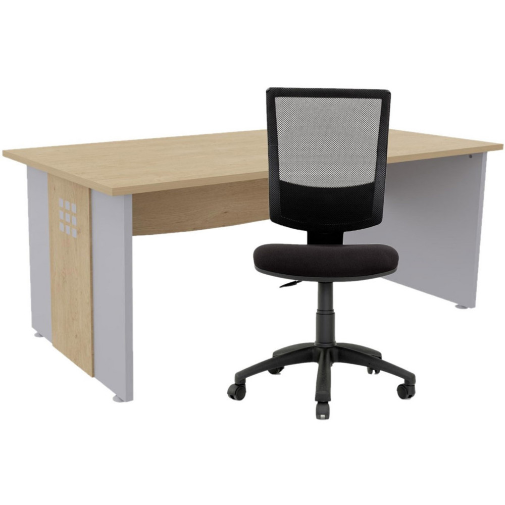 Pack bureau droit Axiome L.140 cm Plateau Chne Pieds panneaux Aluminium + Sige Jenny maille/tissu Noir