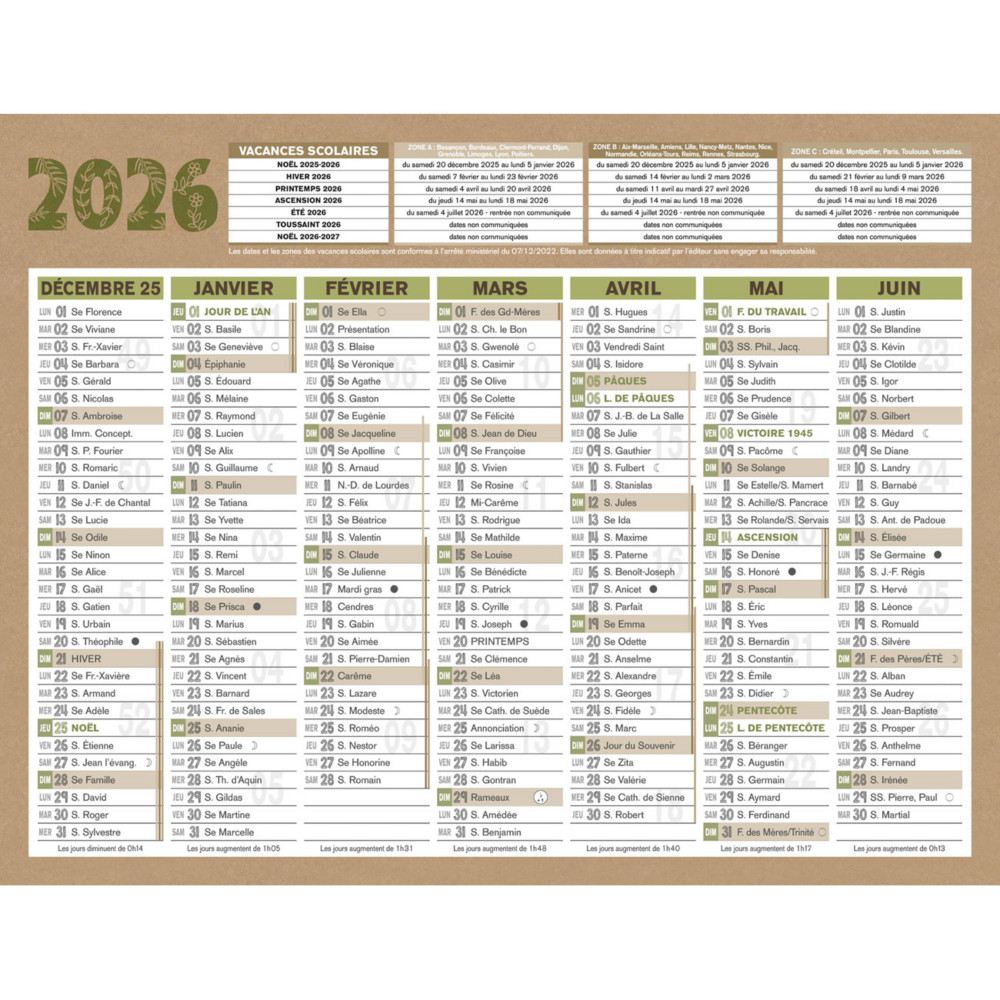 Bouchut Calendrier mural annuel Natura - 13,5 x 17,5 cm - 2026