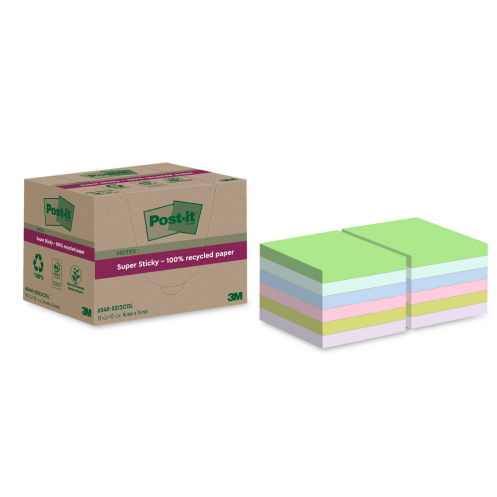 Post-it Notes repositionnables Super Sticky recycles 76 x 76 mm - Assorties - Lot 12 blocs de 70 feuilles