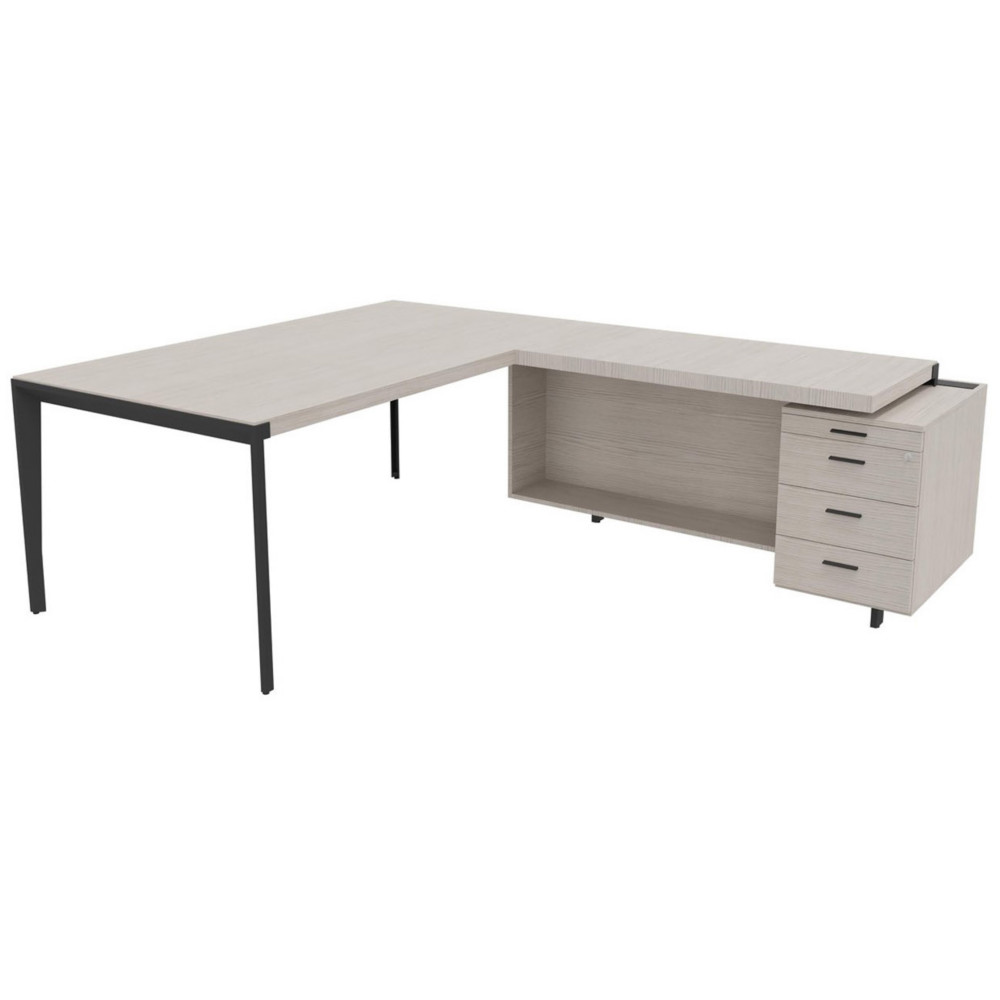 Bureau d'angle direction Arold 172 x 234 avec retour caisson porteur  droite Placage bois orme gris - Pitement mtal gris