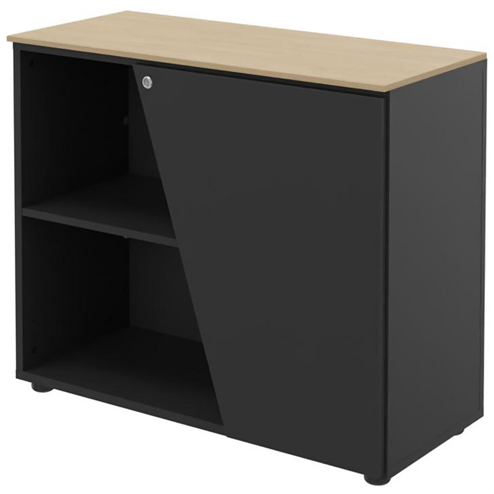 Armoire basse porte  droite Rha - L. 90 x P. 40 x H. 76 cm - Plateau Chne - Porte Carbone