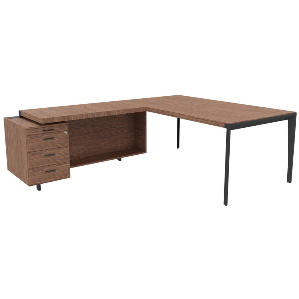 Bureau d'angle direction Arold 192 x 234 avec retour caisson porteur  gauche Placage bois noyer - Pitement mtal gris
