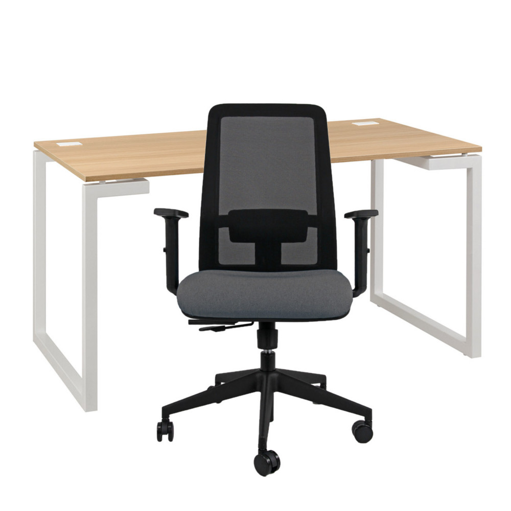 Pack bureau droit Vitaly L.160 x P.80 cm Chne pieds Blanc + sige Naa maille Anthracite