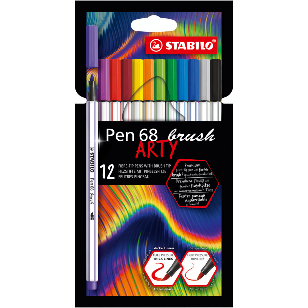 Stabilo Feutres pinceaux de dessin Pen 68  Brush Arty pointe pinceau flexible 1 mm - Pochette de 12 coloris assortis