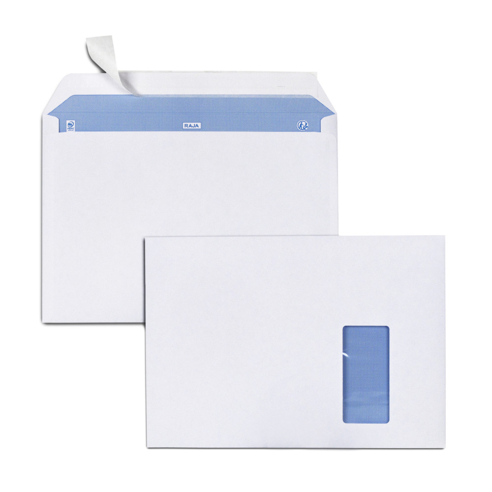 RAJA Enveloppe blanche Premium C4 229 x 324 mm 100g fentre 50 x 100 mm - autocollante bande protectrice - Lot de 250