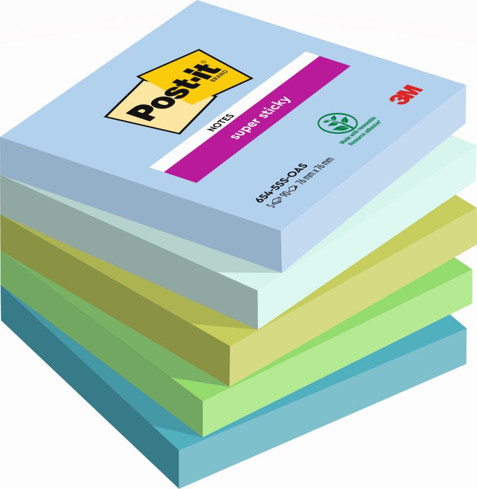 Post-it Notes repositionnables Super Sticky Oasis 76 x 76 mm - Assorties - Lot 5 blocs de 90 feuilles