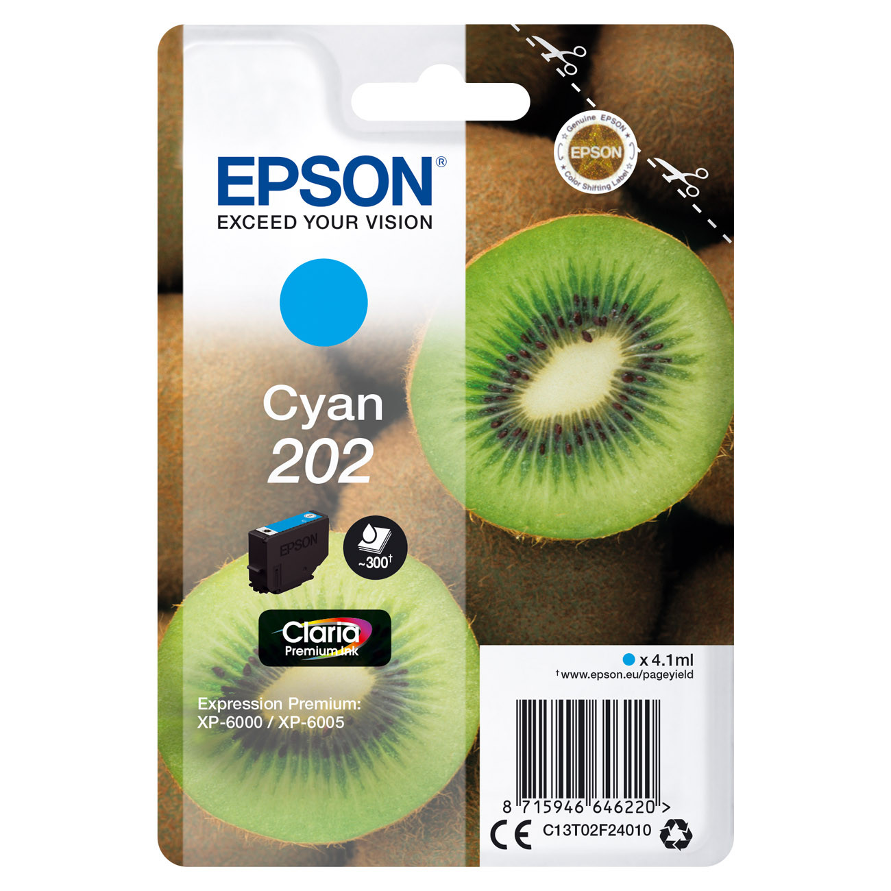 Epson 202 ''Kiwi'' Cartouche d'encre originale Claria Premium C13T02F24010 - Cyan