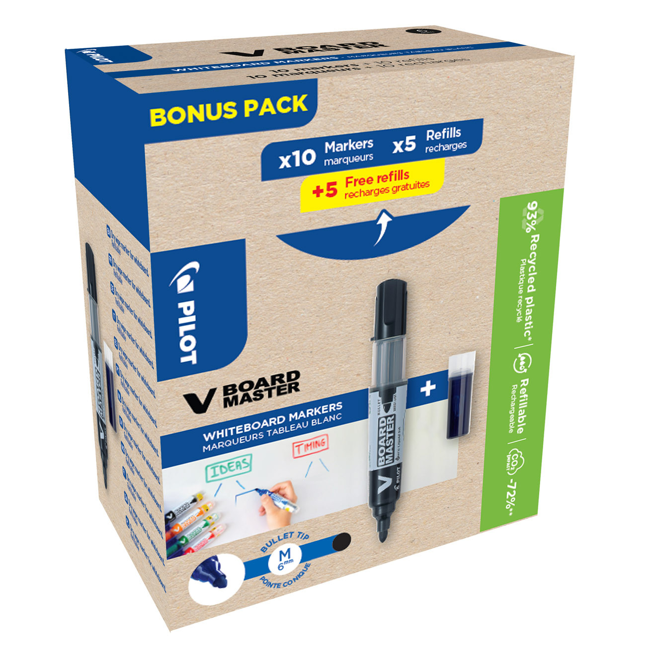 Pilot Marqueur pour tableaux blancs V Board Master pointe 2.3 mm Pack de 10 marqueurs + 10 recharges