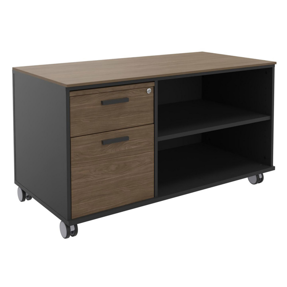 Meuble bas console mobile sur roulettes Rha - L. 120 x P. 60 x H. 66 cm - 2 tiroirs - Corps Carbone - Tiroirs Noyer