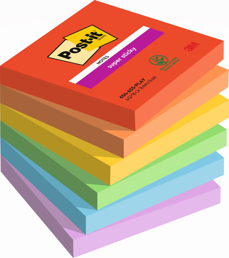 Post-it Notes repositionnables Super Sticky Playful 76 x 76 mm - Assorties - Lot 6 blocs de 90 feuilles