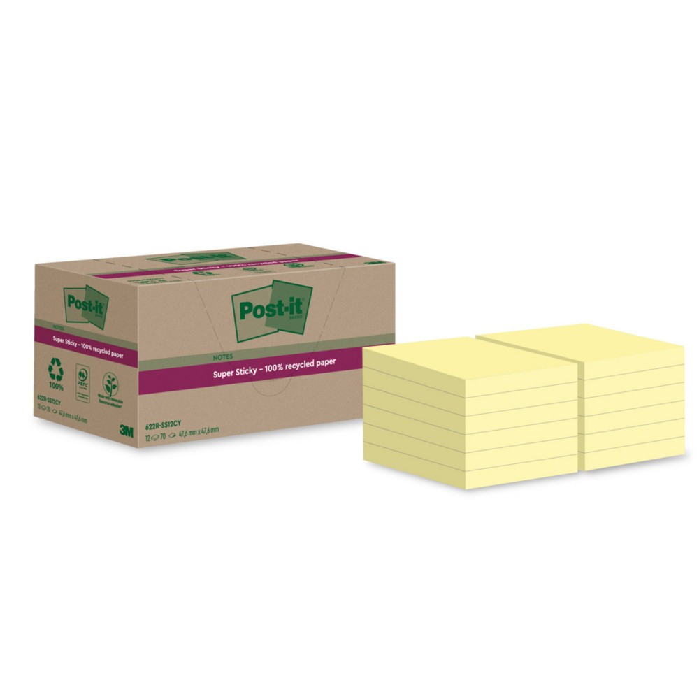 Post-it Notes repositionnables Super Sticky recycles 48 x 48 mm - Jaune - Lot 12 blocs de 70 feuilles