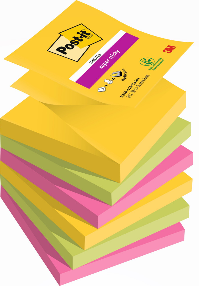 Post-it Notes repositionnables Z-Notes Super Sticky Carnival 76 x 76 mm - Assorties - Lot 6 blocs de 90 feuilles