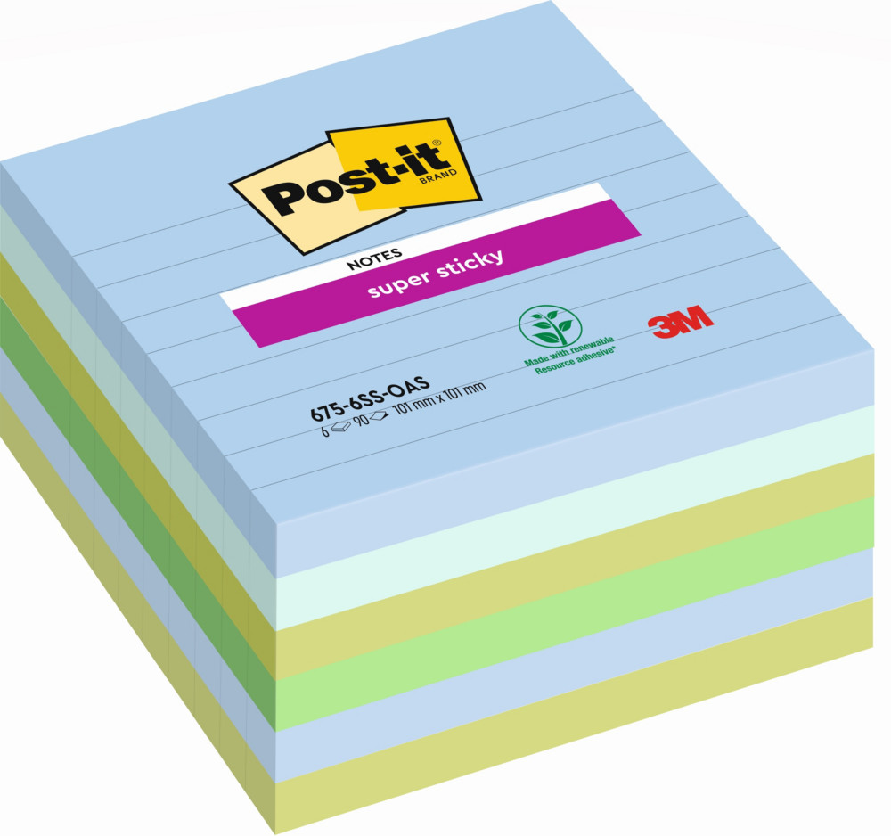Post-it Super Sticky Notes repositionnables lignes Oasis 101 x 101mm Assortis - lot de 6 blocs de 90 feuilles