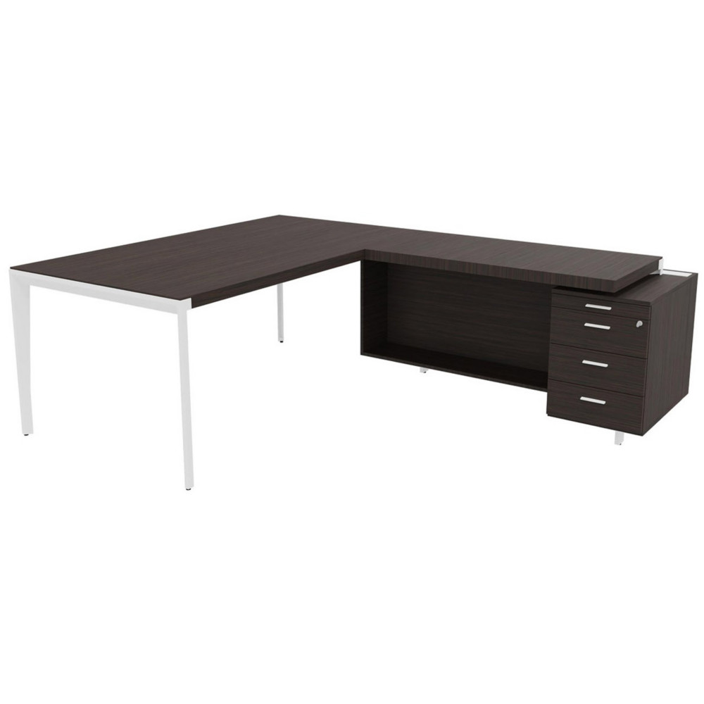 Bureau d'angle direction Arold 172 x 234 avec retour caisson porteur  droite Placage bois bne - Pitement mtal blanc