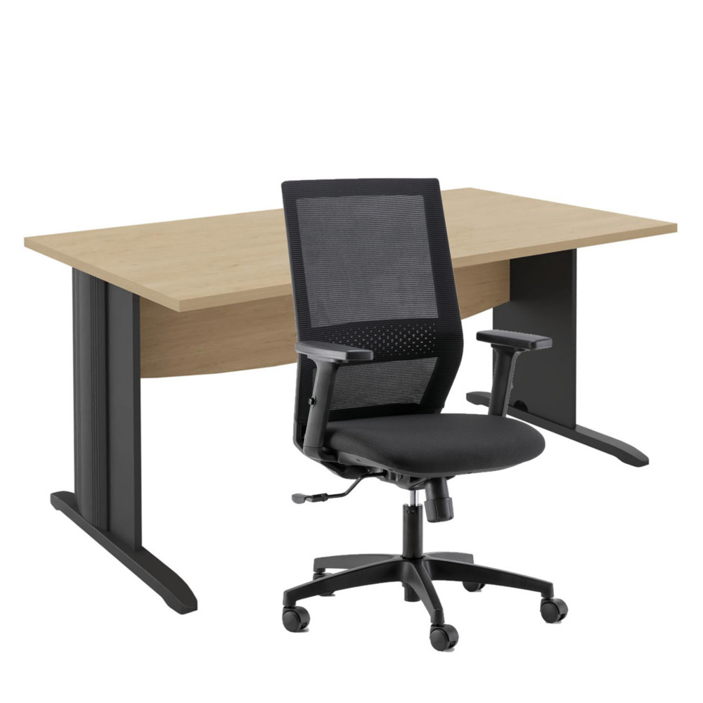 Pack Bureau droit Activity Mtal L.160 x P.80 cm Plateau Chne - Pieds L Anthracite + Sige Tho maille / Tissu Noir