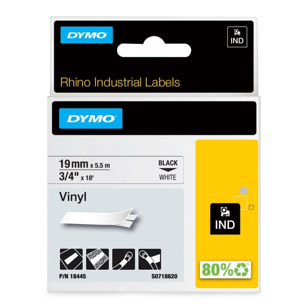 Dymo tiquettes autocollantes en vinyle Rhino S0718620 - 9 mm x L. 5,5 m - Noir sur Blanc