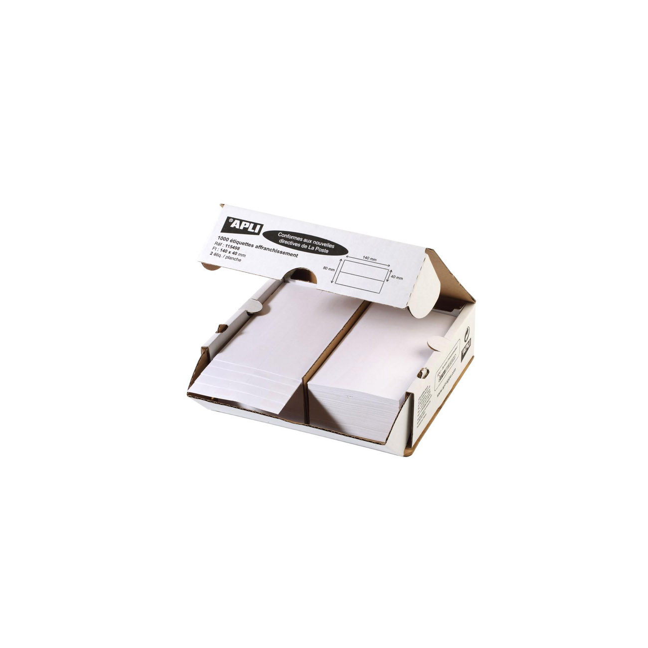 APLI Etiquette d'affranchissement blanche pour machine à affranchir - 115498 - 140 x 40 mm - 2 poses - Boîte de 1000