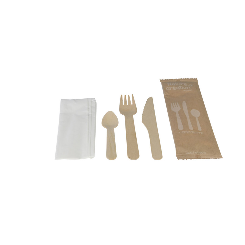 Couverts de table jetables en bois - Kit de 4 pices - Lot de 250