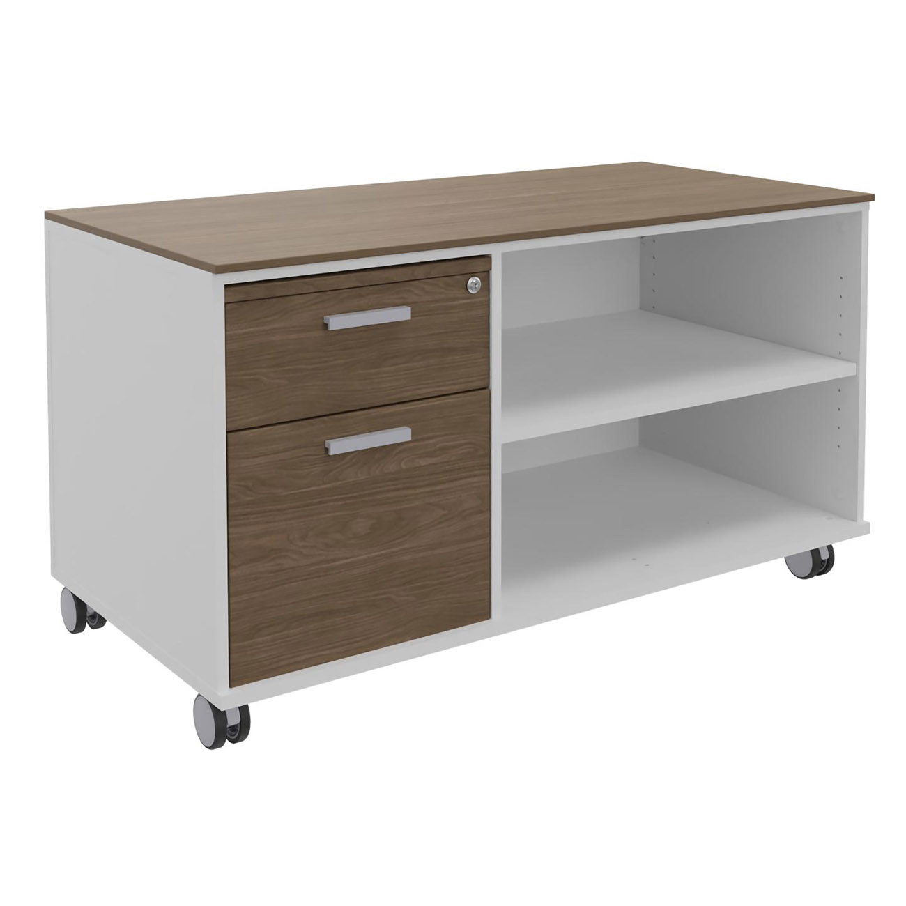 Meuble+bas+console+mobile+sur+roulettes+Rhea+-+L.+120+x+P.+60+x+H.+66+cm+-+2+tiroirs+-+Corps+Blanc+-+Tiroirs+Noyer