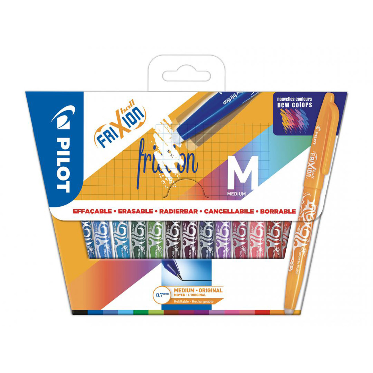Pilot FriXion Ball roller encre gel effaçable pointe moyenne 0,7 mm - Pochette de 15 couleurs assorties