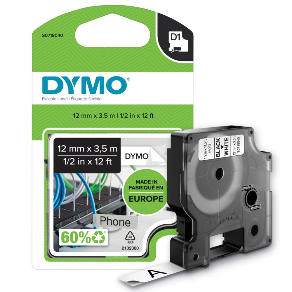 Dymo Ruban D1 S0718040 pour tiqueteuse - 12 mm x 3,5 m - Noir sur Blanc