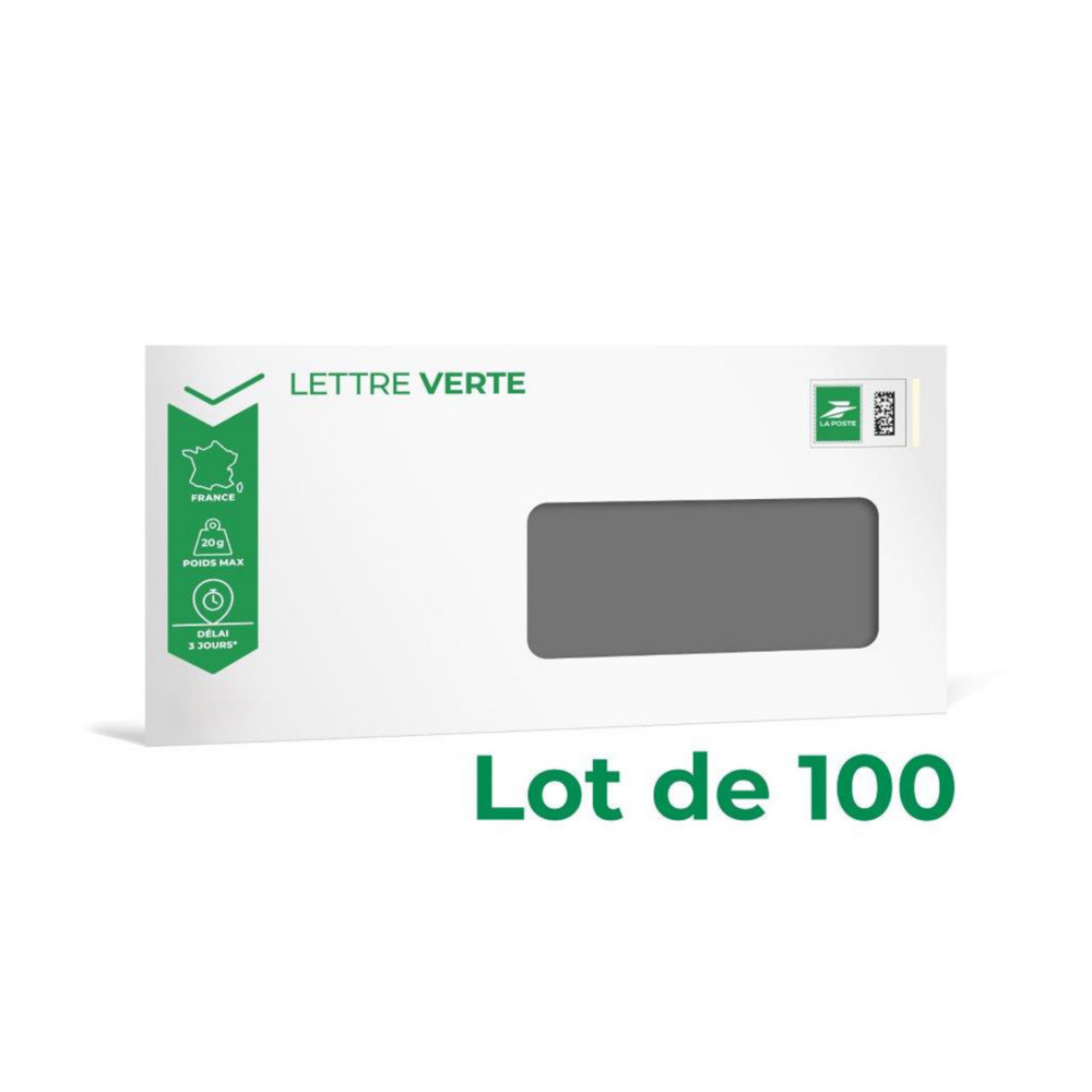 LA POSTE Enveloppe Prt  Poster - Lettre verte  20g - 110 x 220 mm (DL) avec fentre - Lot de 100
