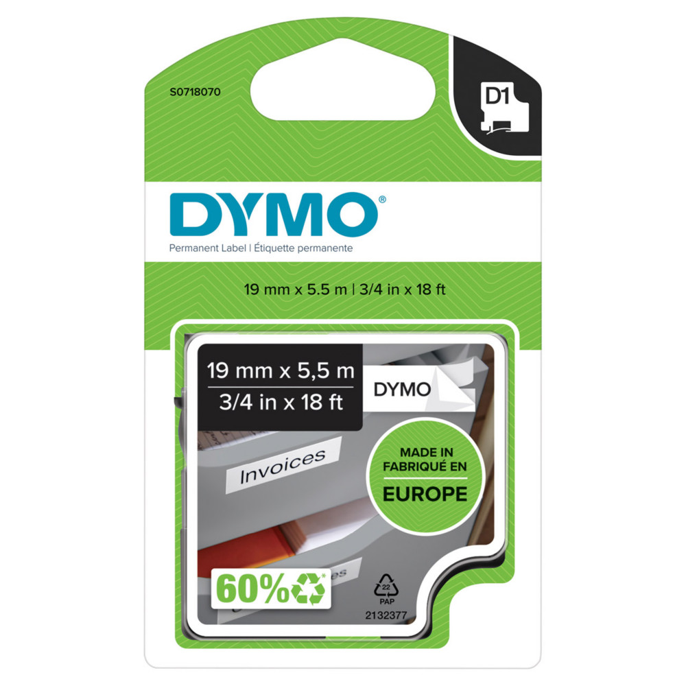 Dymo Ruban D1 S0718070 pour tiqueteuse - 19 mm x 5,5 m - Noir sur Blanc