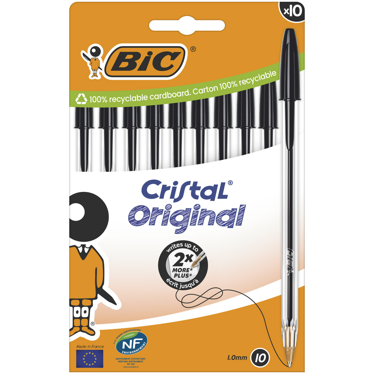 BIC+Cristal+Original+Stylo+bille+à+capuchon+-+pointe+moyenne+1+mm+-+Noir+-+Pochette+de+10