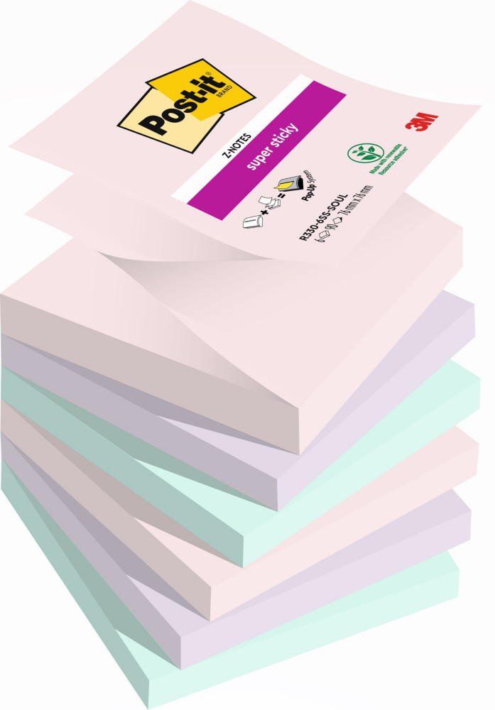 Post-it Notes repositionnables Z-Notes Super Sticky Soulful 76 x 76 mm - Assorties - Lot 6 blocs de 90 feuilles