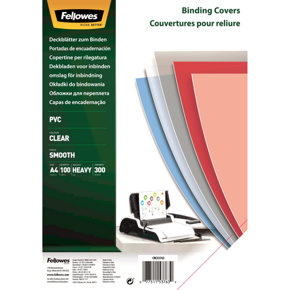 Fellowes Couvertures de reliure transparentes A4 PVC 300 microns - bote de 100