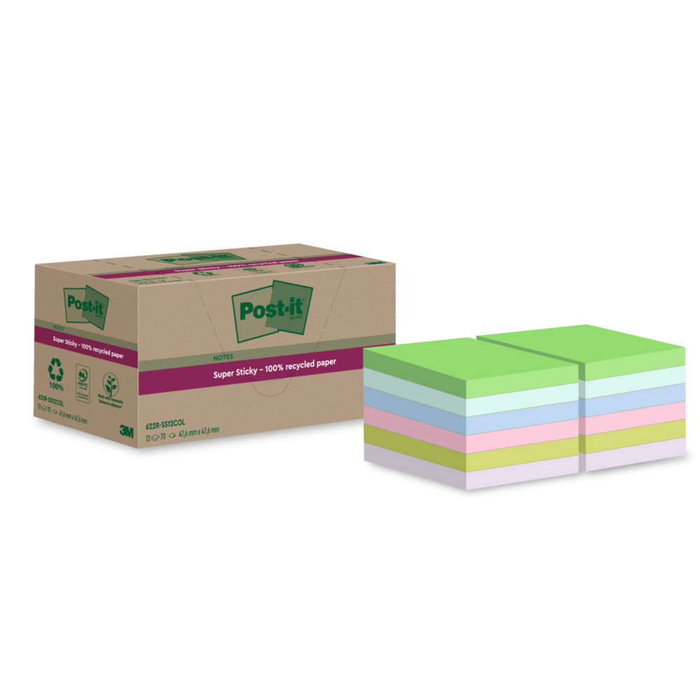 Post-it Notes repositionnables Super Sticky recycles 48 x 48 mm - Assorties - Lot 12 blocs de 70 feuilles