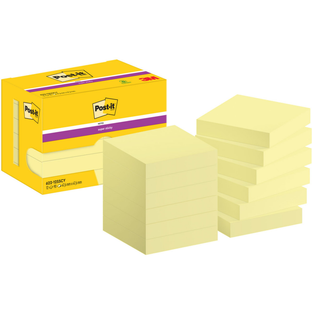 Post-it Notes repositionnables Super Sticky carr Jaune canari 51 x 51 mm - lot de 12 blocs de 90 feuilles