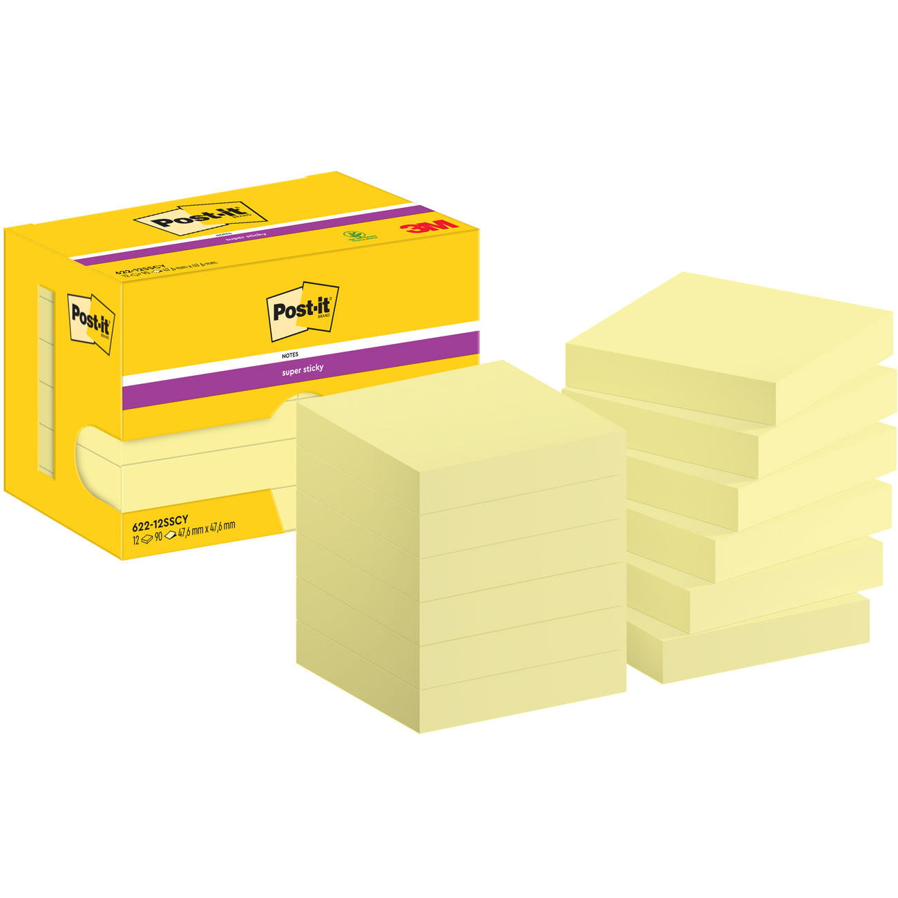 Post-it Notes repositionnables Super Sticky carré Jaune canari 51 x 51 mm - lot de 12 blocs de 90 feuilles