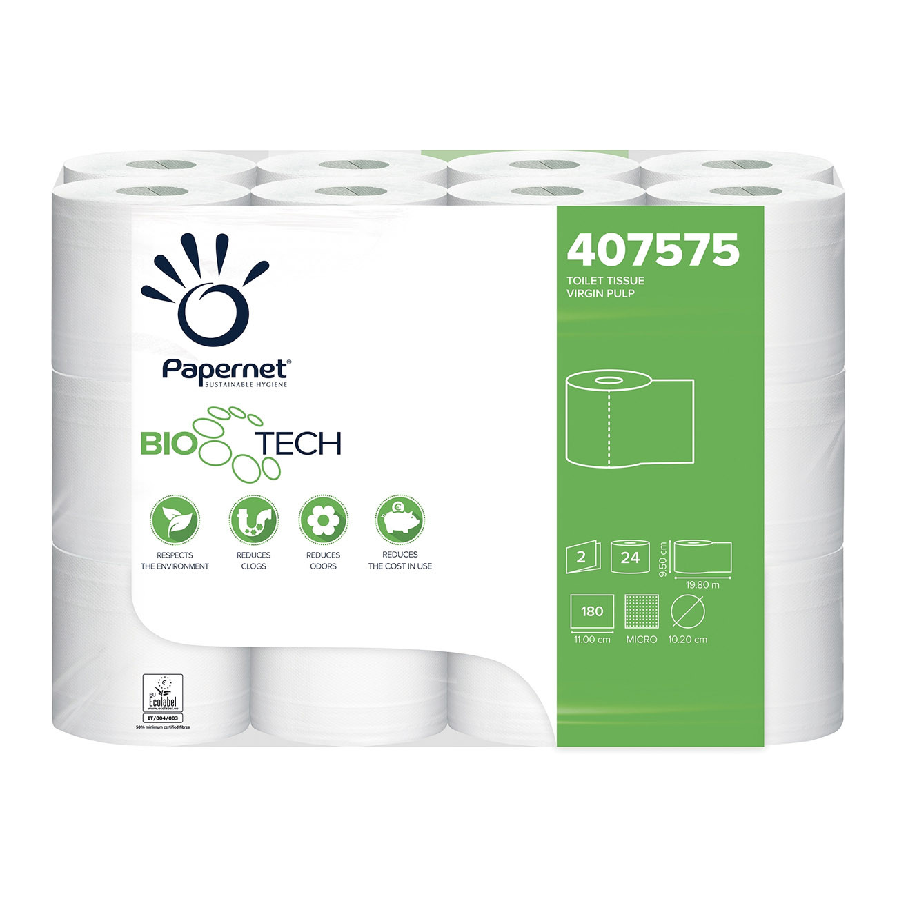 Papernet Papier toilette Bio Tech en rouleaux pure ouate de cellulose 2 plis - Rouleau de 180 feuilles - 407575 - Blanc - Paquet de 24 rouleaux