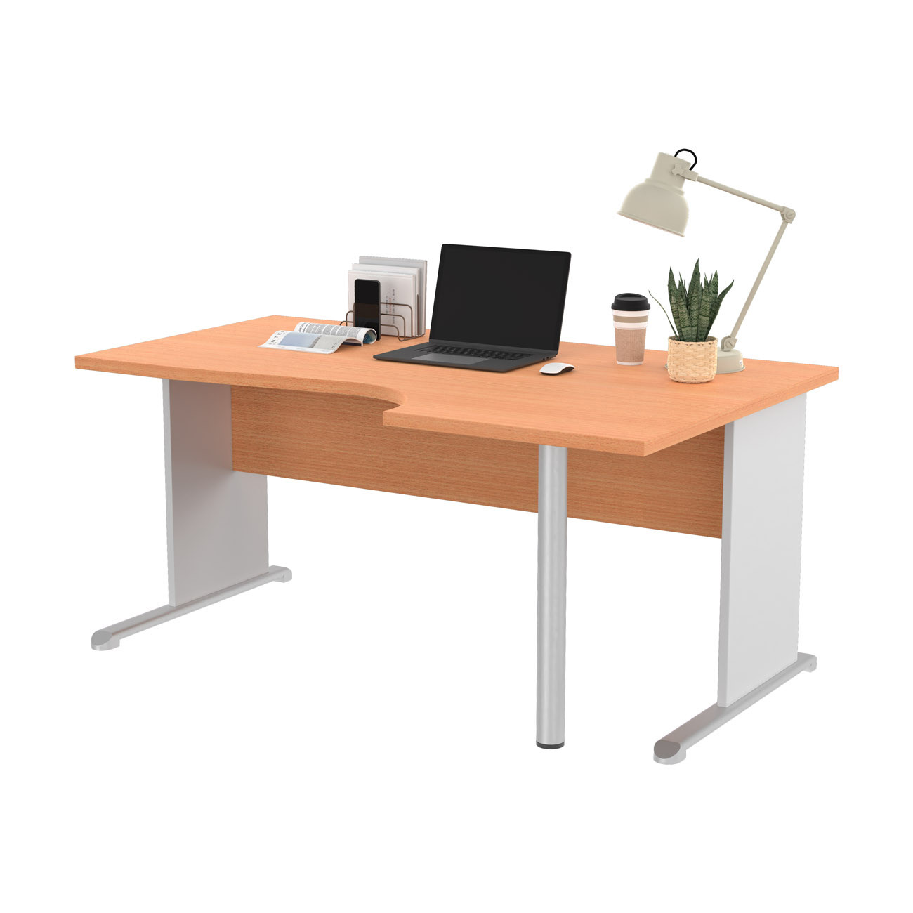 Bureau d'angle compact retour à droite Pronto Bois - L.160 x P.100 cm - Plateau Hêtre - Pieds L Blanc