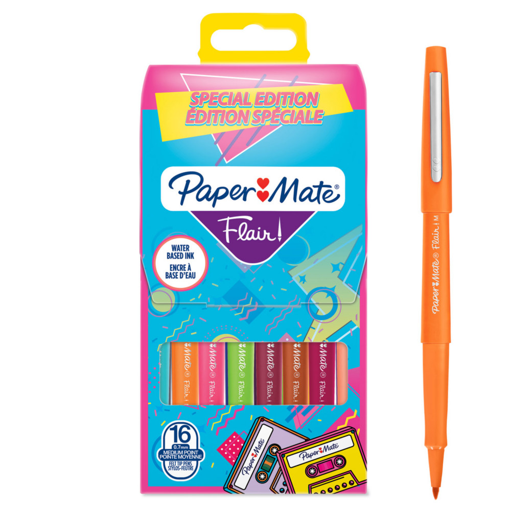 Paper Mate Flair Original Stylo feutre  capuchon pointe moyenne 0,7 mm - Pochette 16 couleurs Rtro