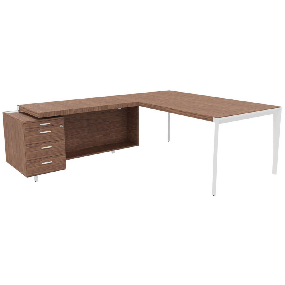 Bureau d'angle direction Arold 192 x 234 avec retour caisson porteur  gauche Placage bois noyer - Pitement mtal blanc