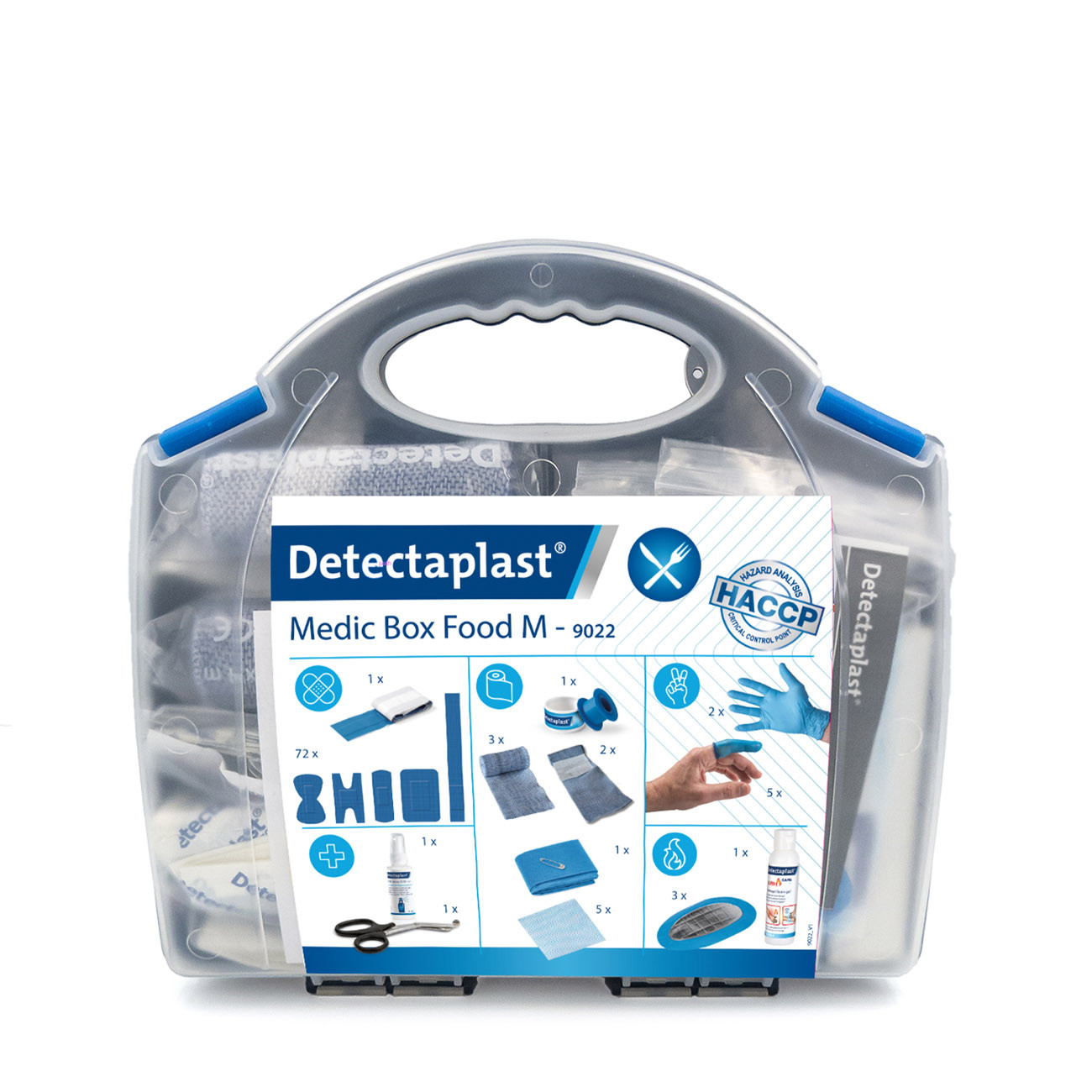 Detectaplast Trousse de secours Medic Box Food Restauration - HACCP - Pour 10 personnes - Pansements Super Stretch - Assortiment de 98 éléments