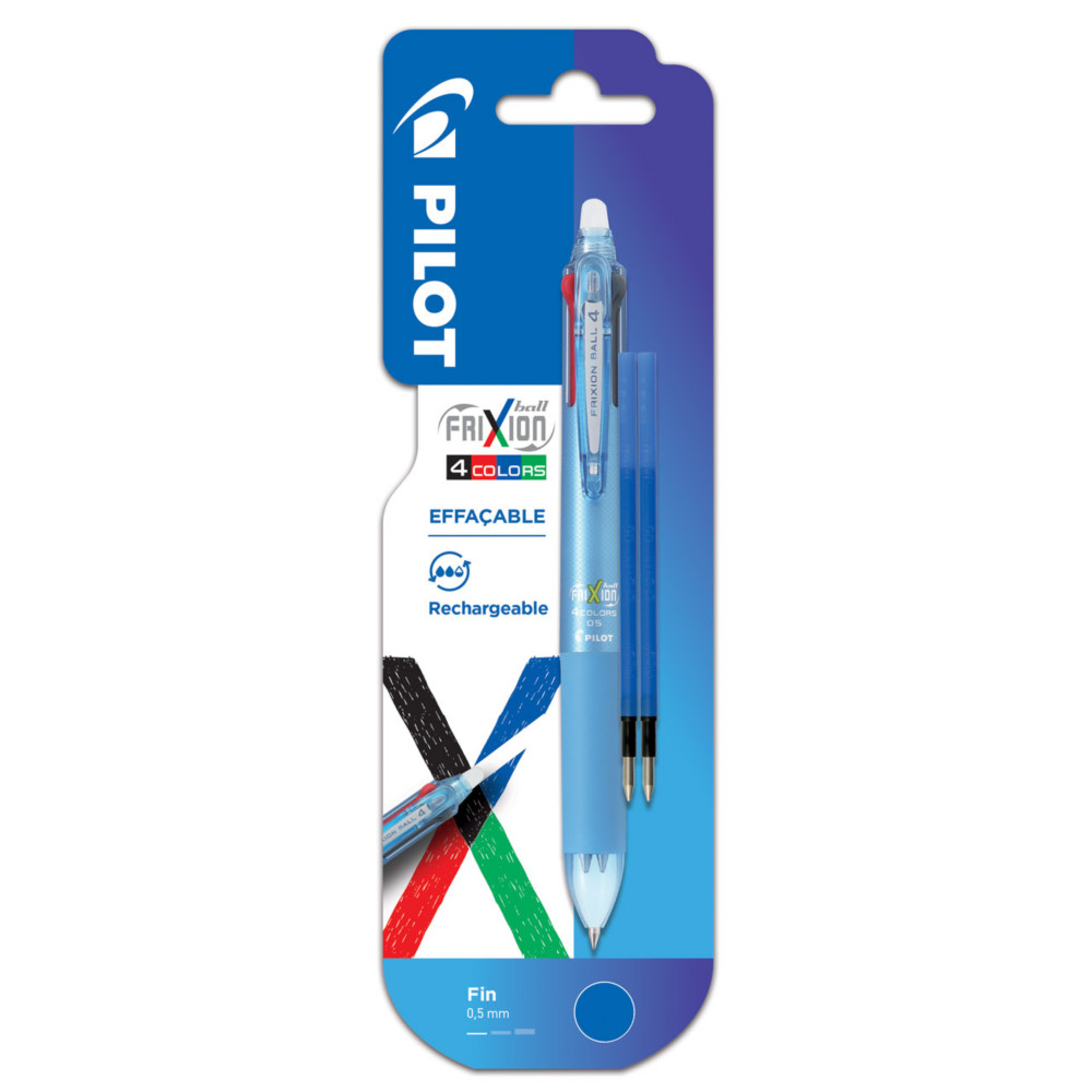 Pilot Recharge pour stylo 4 couleurs roller encre gel effaable FriXion Ball - Pointe fine  - Bleu - Pochette de 2
