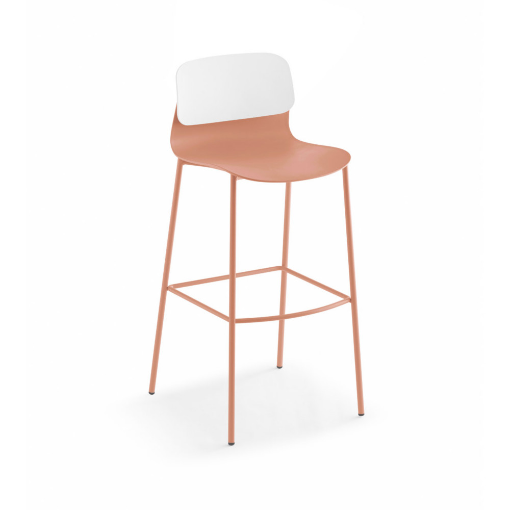 Sokoa Tabouret haut de collectivit Klik en polypropylne - Pieds mtal - Corail / Blanc