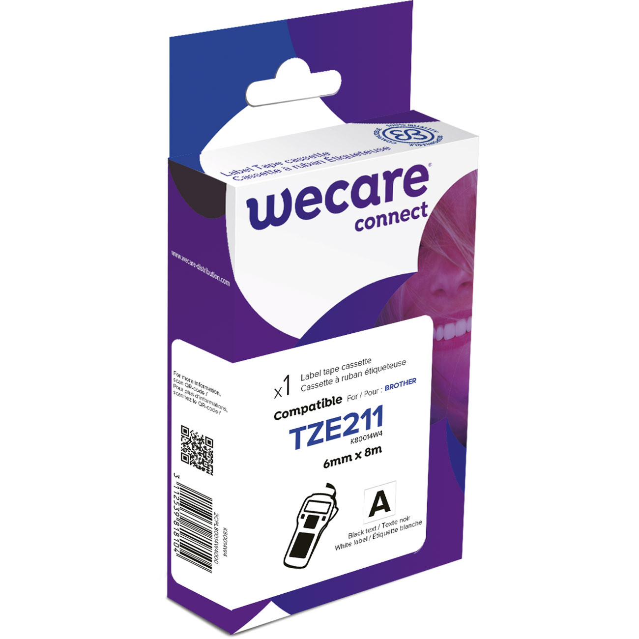 Wecare Ruban compatible Brother TZe-211 - 6 mm x 8 m - Noir sur Blanc