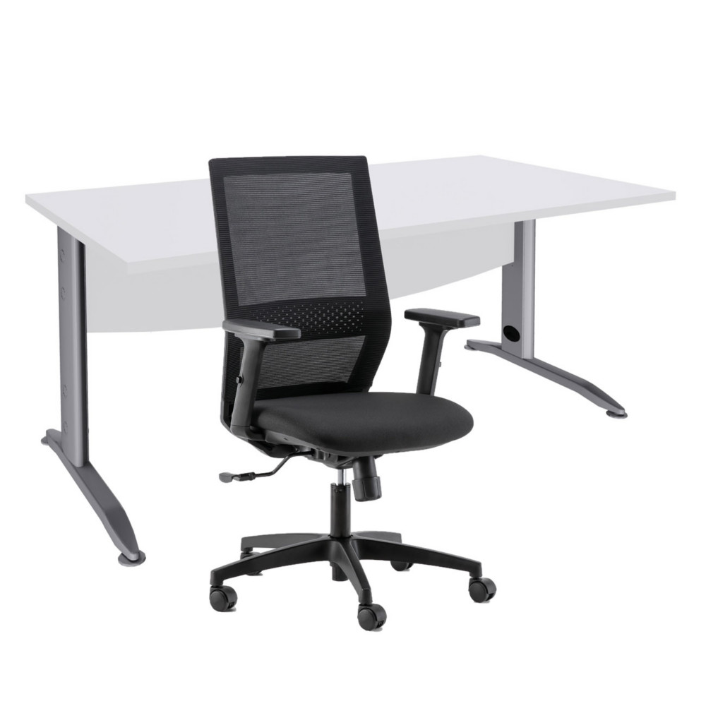 Pack Bureau droit Activity Mtal L.160 x P.80 cm Plateau Blanc - Pieds L Aluminium + Sige Tho maille / Tissu Noir