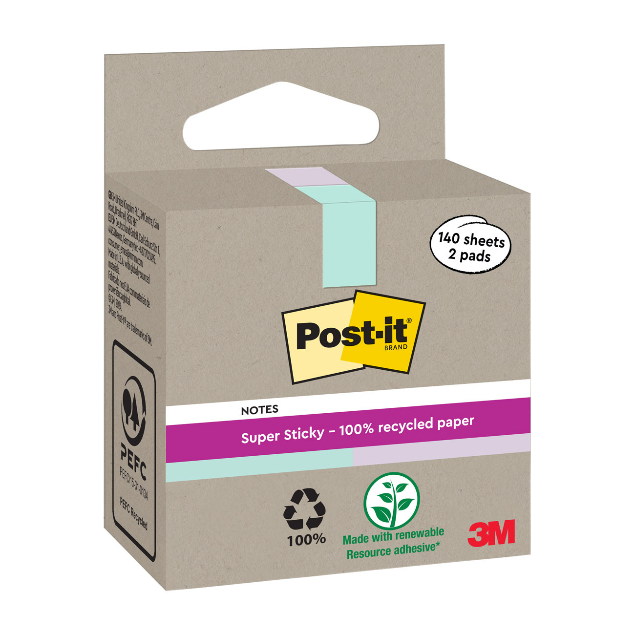 Post-it Notes Super Sticky 76 x 76 mm 100 % recyclées - 2 Blocs de 70 feuilles - Vert menthe et lilas