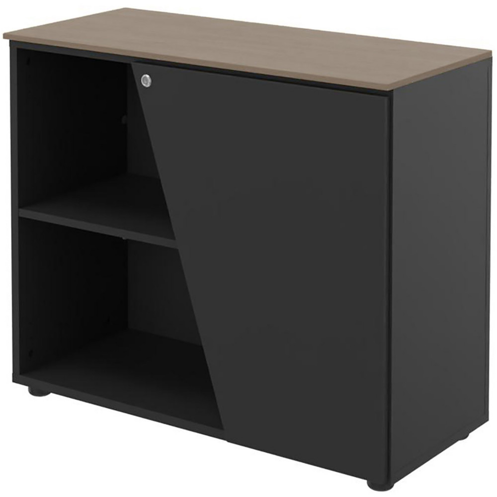 Armoire basse porte  droite Rha - L. 90 x P. 40 x H. 76 cm - Plateau Noyer - Porte Carbone