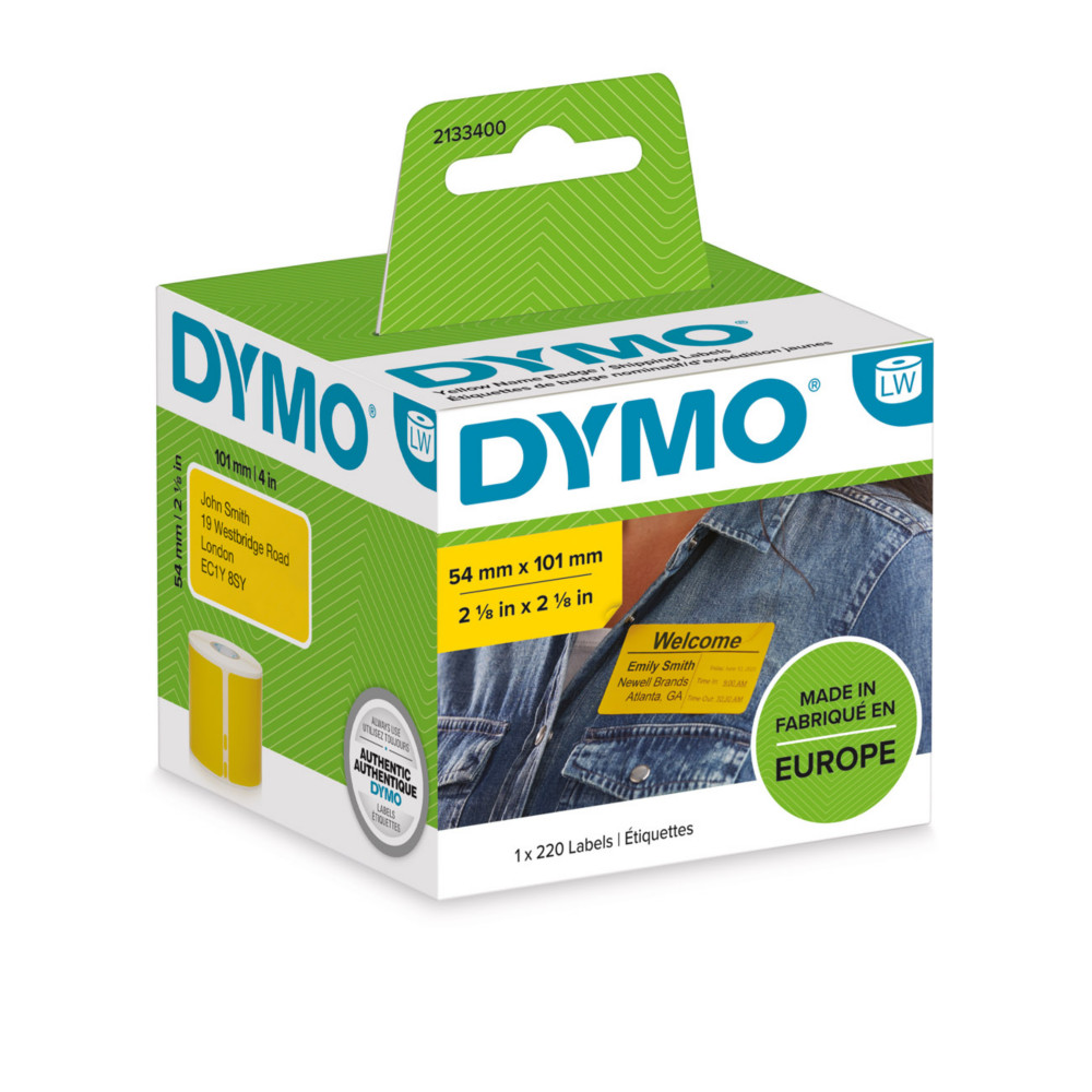 Dymo tiquettes BADGE NOMINATIF / D'EXPDITION JAUNE pr-dcoupes Noir sur Jaune (54 x 101 mm) - Modle 2133400 - 1 rouleau de 220 tiquettes auto-adhsives  bords arrondis