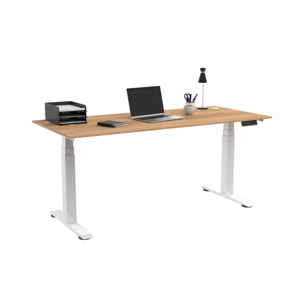 Bureau assis-debout Activ'o - Rglage lectrique en hauteur - L.180 x P.80 cm - Plateau Htre avec obturateurs - Pieds mtal Blanc