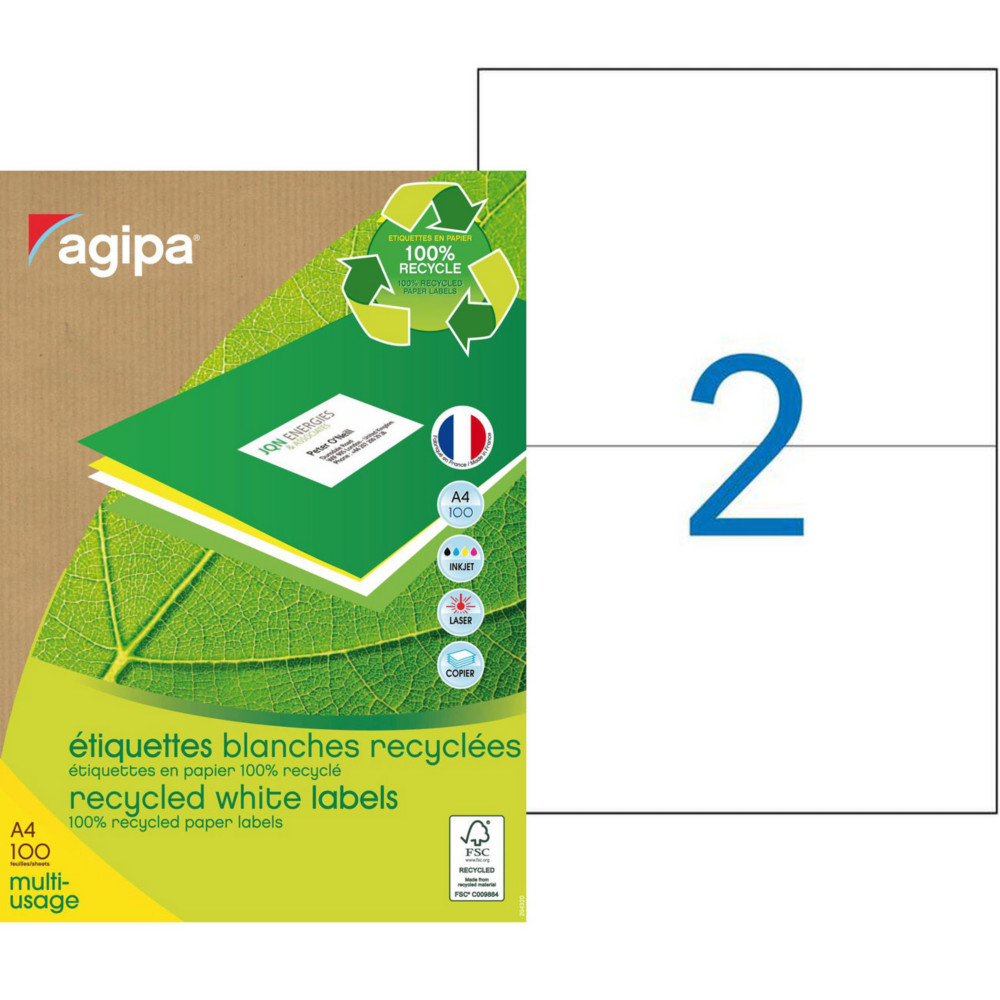 AGIPA 101194 Etiquettes blanches recycles multi-usage 210 x 148,5 mm - Bote de 200