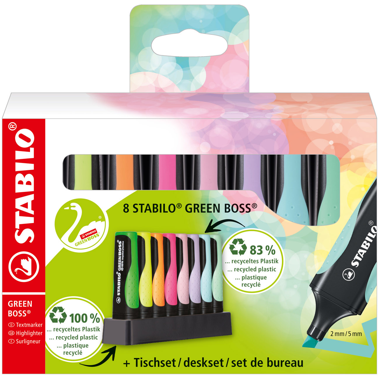 STABILO GREEN BOSS Surligneurs pointe biseautée 2 et 5 mm - Set de bureau de 8 coloris fluo et pastel